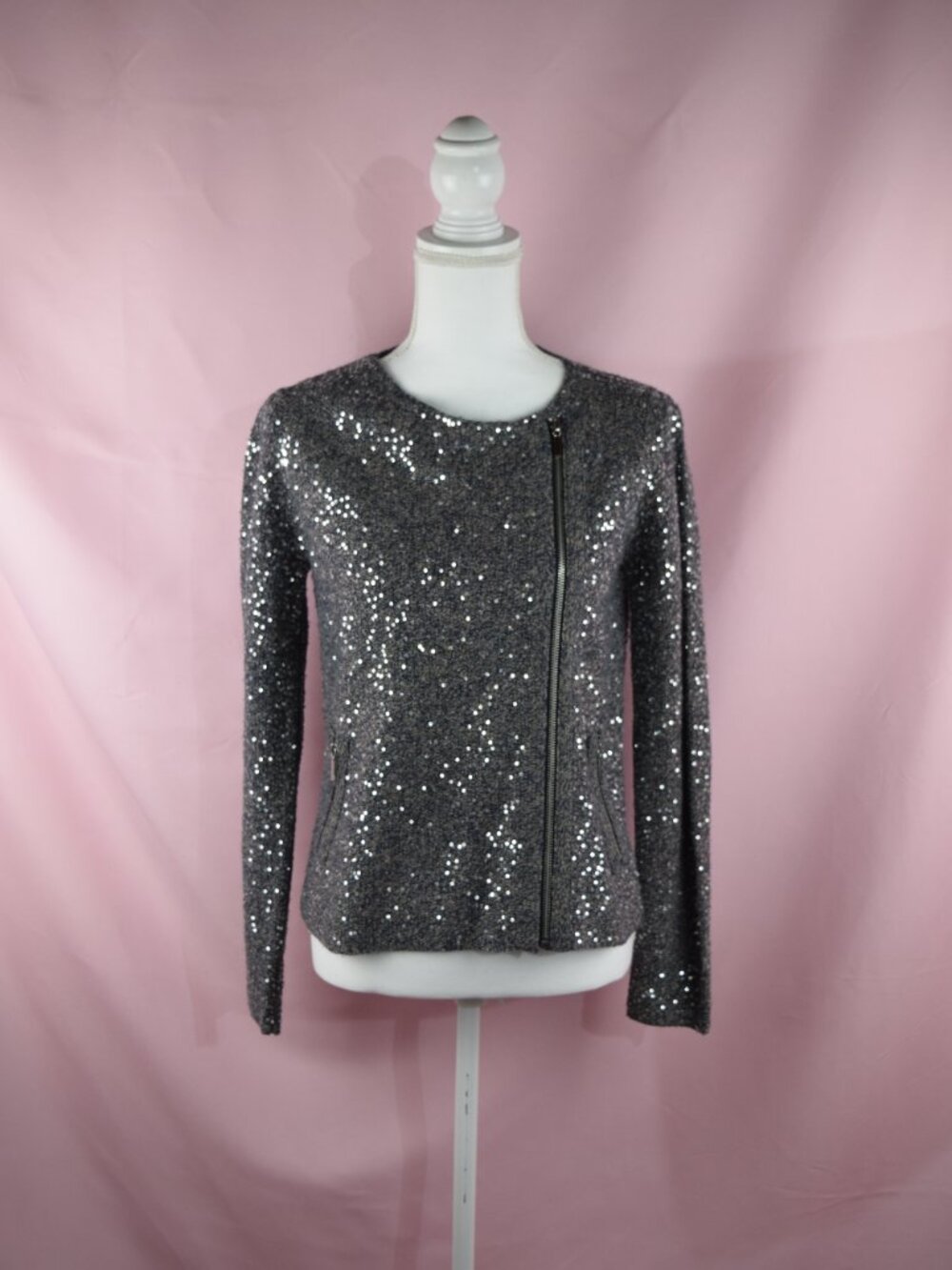 Chico's Platinum and Blue Sequin Cardigan Moto Jacket Gray Blue | Size S